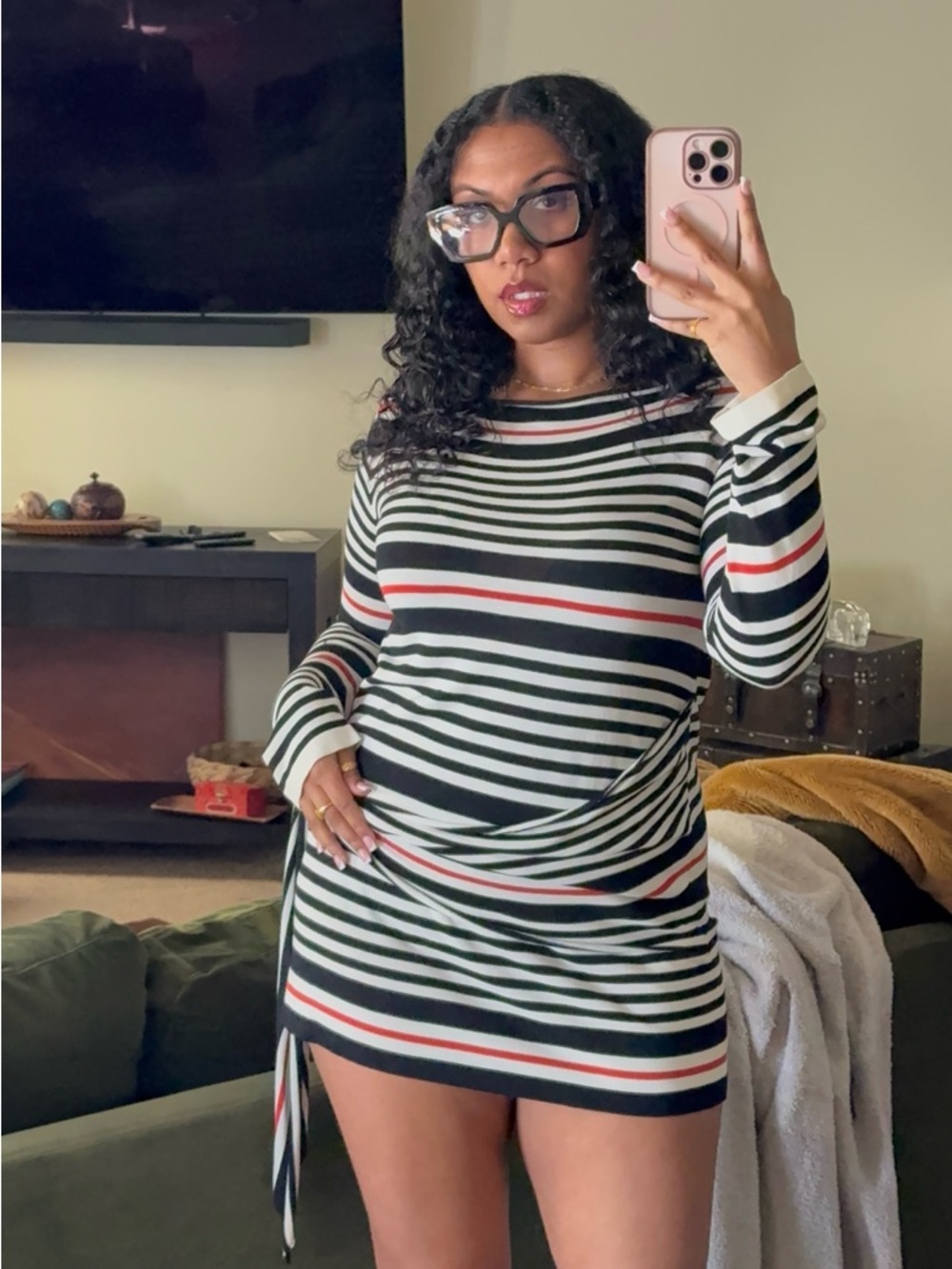 Striped Long-Sleeve Tie-Waist Dress in Black, White & Red